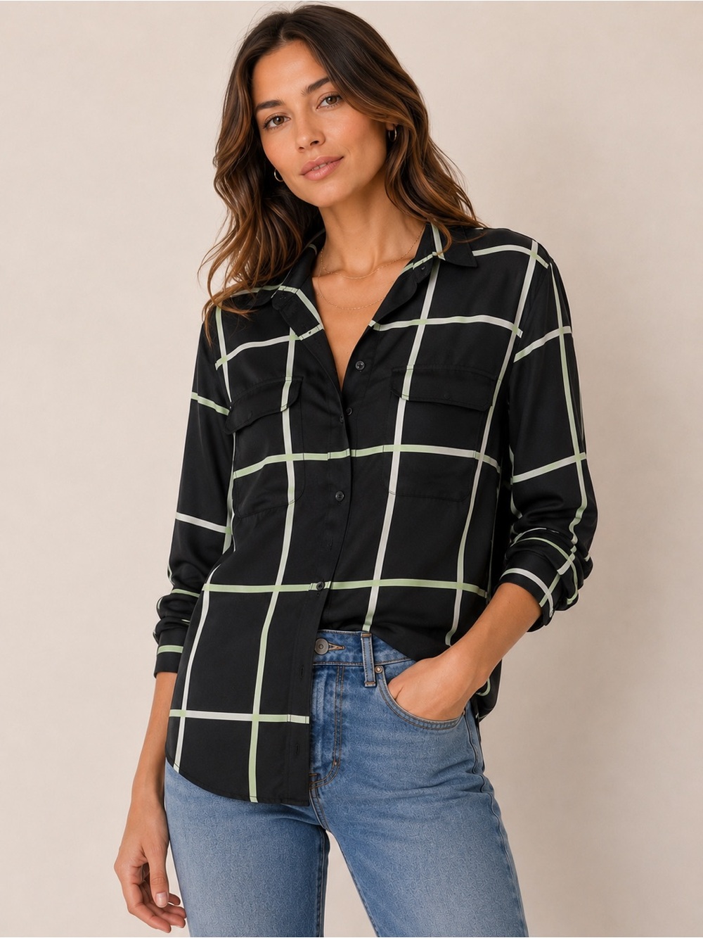 Equipment Femme Signature Silk Blend Windowpane Button Down Shirt Small